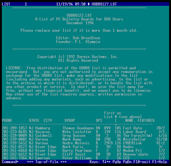 USBBS BBS List on VGA color Screen