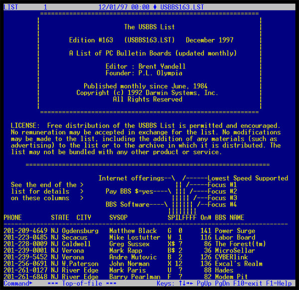USBBS BBS List on VGA color Screen