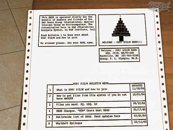 SUGI SIG/M RBBS Welcome Screen and Bulletin Menu